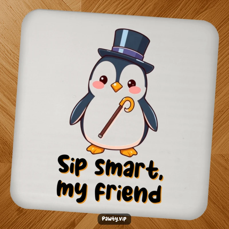 Funny drink coaster featuring a stylish penguin character holding a tiny top hat and cane, protecting surfaces with class.