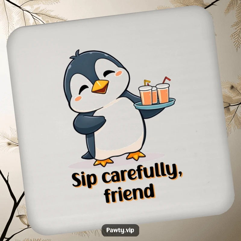Funny coasters featuring a flustered penguin tripping while holding a tray of drinks, protecting surfaces with humorous clumsiness.