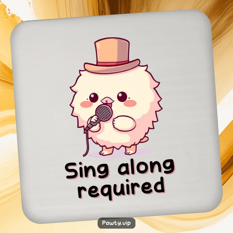 Funny drink coaster with a fluffy creature in a top hat holding a microphone.