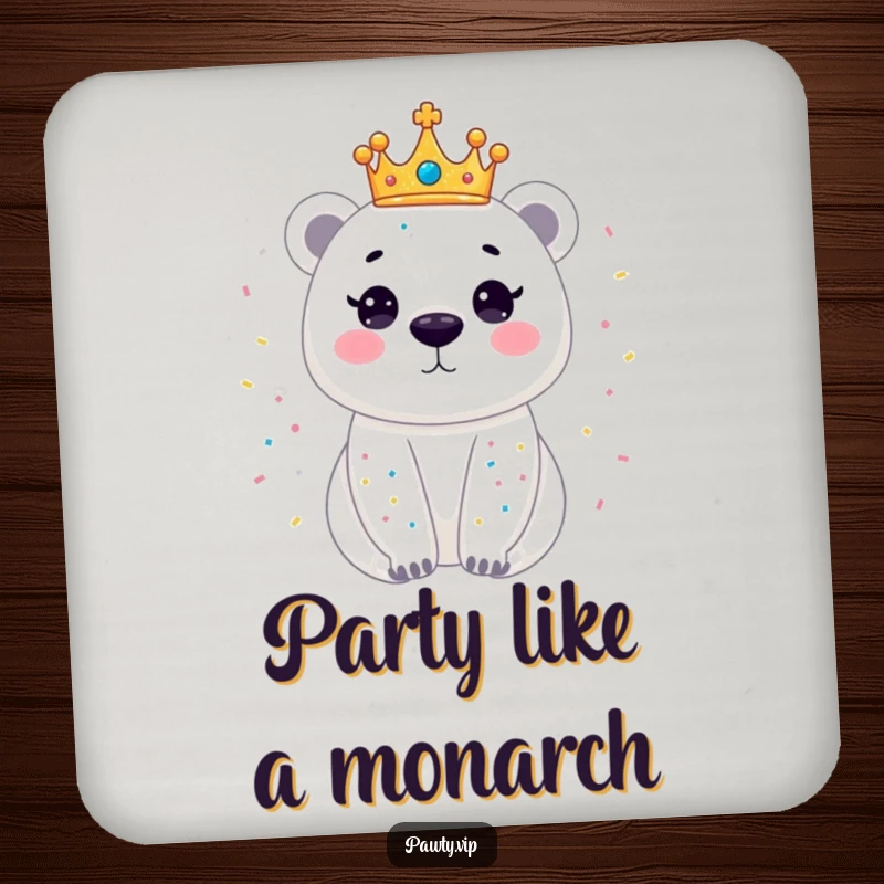 Funny coasters featuring a dazzling polar bear wearing a crown, sparkling with confetti, protecting surfaces with regal and festive flair.
