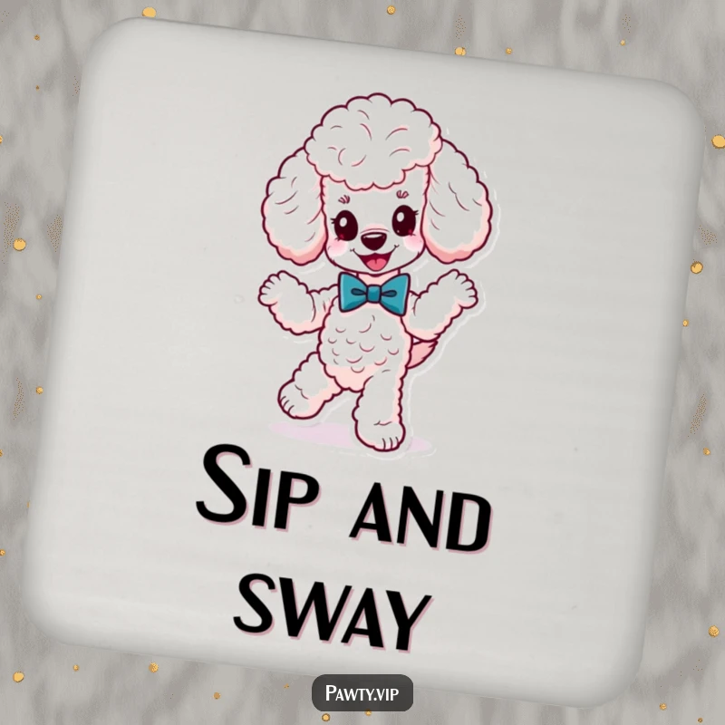 Funny cute poodle wearing a fancy bow tie, dancing energetically, on a drink coaster, protecting surfaces with a touch of elegant canine flair.
