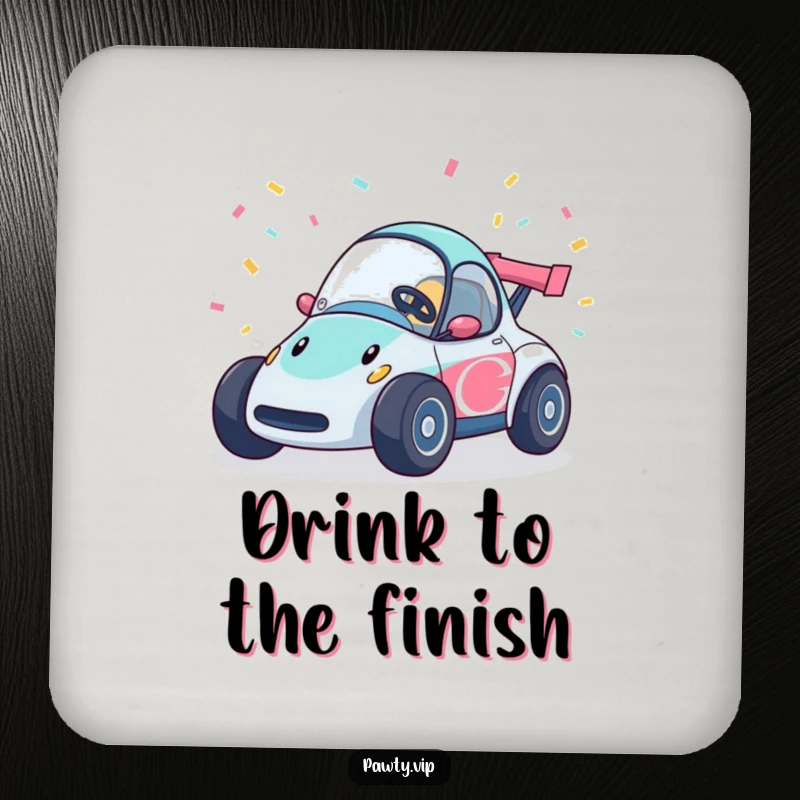 Funny race car drink coasters with confetti streamers, a set of speedy vehicles for surface protection and decor.