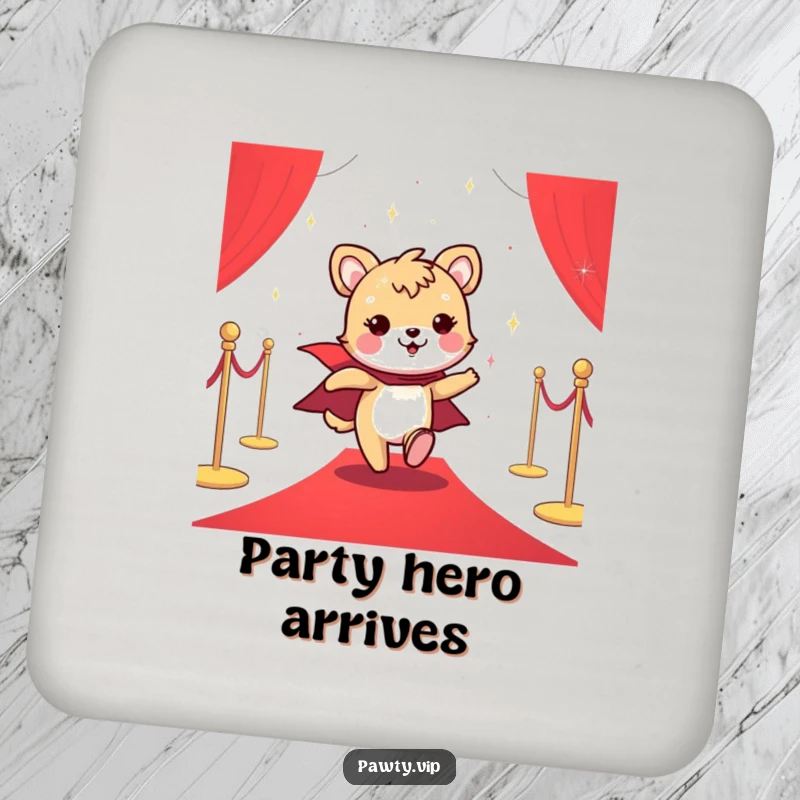 Funny drink coaster of a cheerful animal in a sparkly cape dashing across a red carpet.