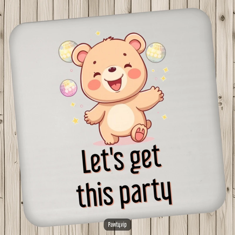 Funny kawaii bear character juggling glittering disco balls, presented on coasters for a humorous and dazzling touch to any tabletop.