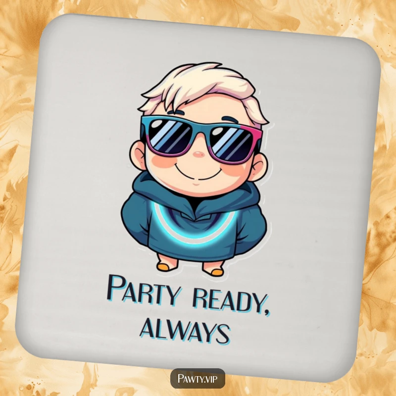 Funny drink coaster featuring a character with large sunglasses and a neon necklace, protecting surfaces with cool humor.