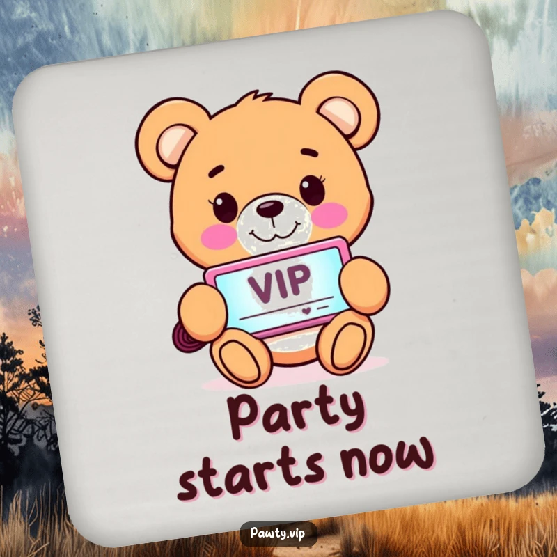 Funny Coaster featuring a smiling teddy bear character holding a glowing VIP pass, adding exclusive charm to drinks.