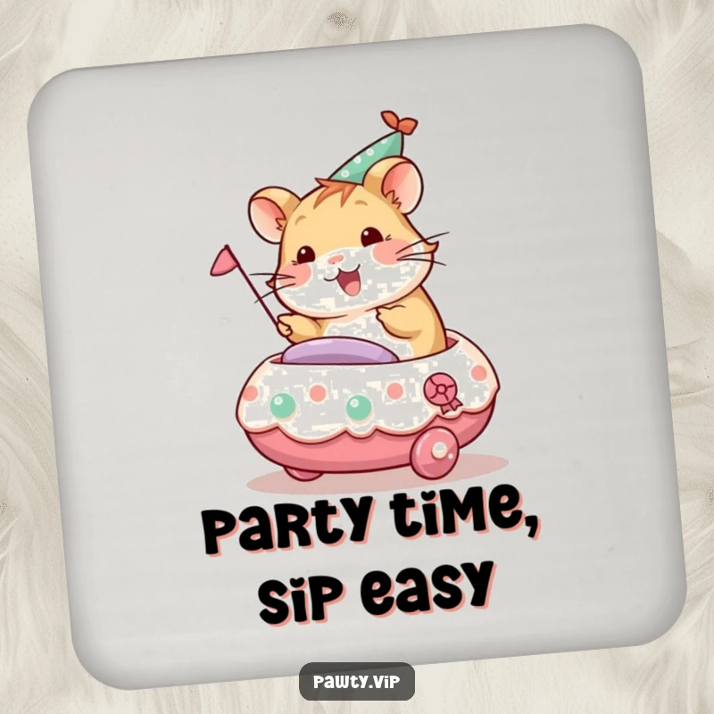 Funny hamster character riding a decorated party float, adorning these humorous and protective drink coasters.