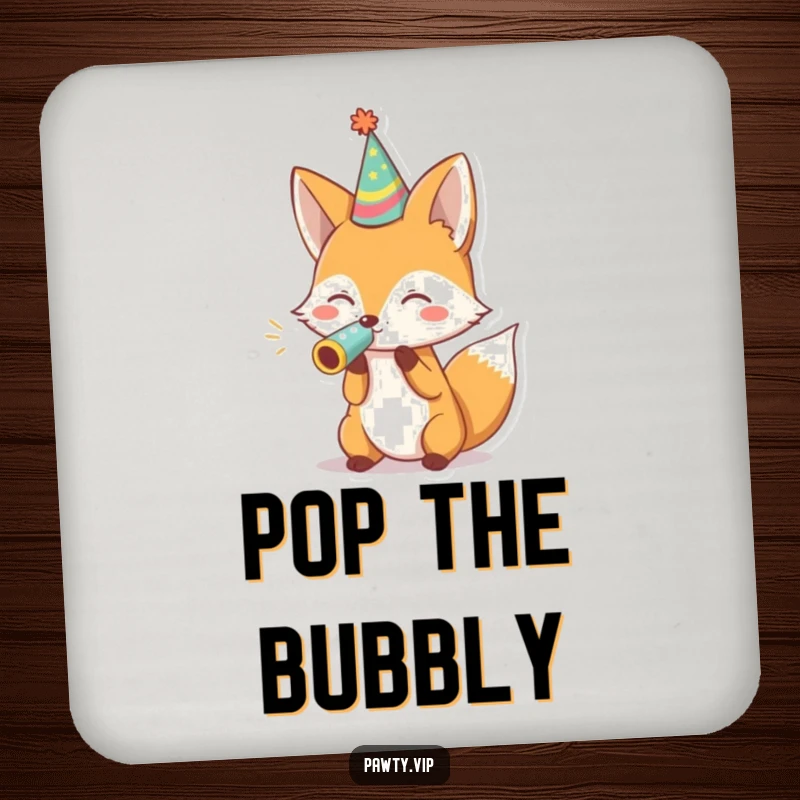 Funny fox blowing a noisemaker on a drink coaster, adding a humorous touch to any beverage setting.