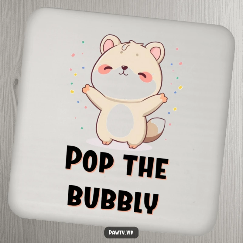 Funny animal drink coaster, a character in a celebratory pose with confetti, protecting surfaces with a touch of humor, a funny gift.