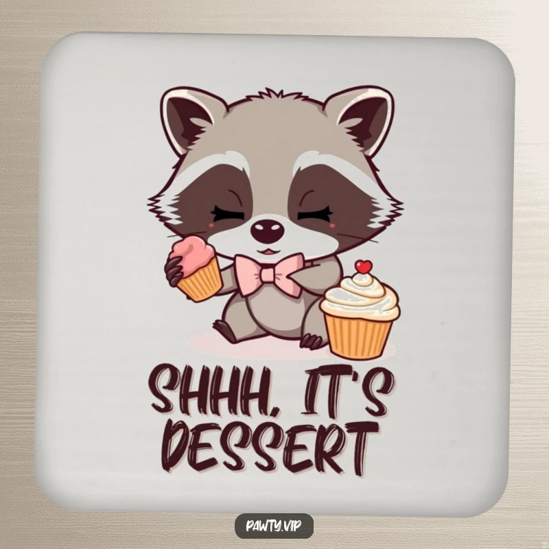 Funny coasters featuring a mischievous raccoon wearing a bow tie, sneaking a cupcake, protecting surfaces with cheeky humor.