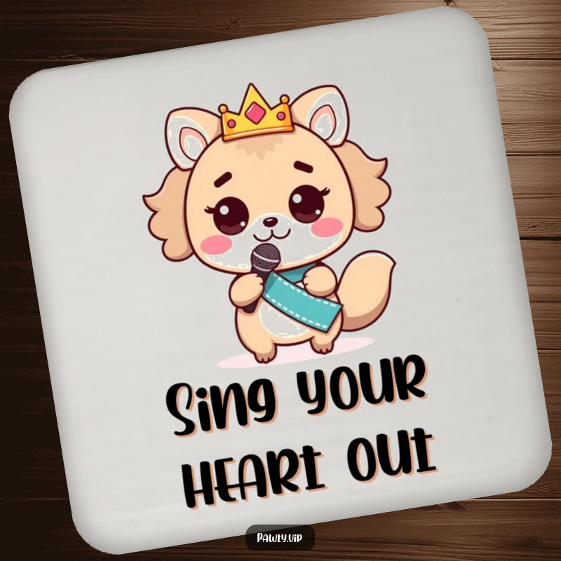 Funny kawaii animal star character with crown and sash, holding a microphone, on a protective funny drink coaster.