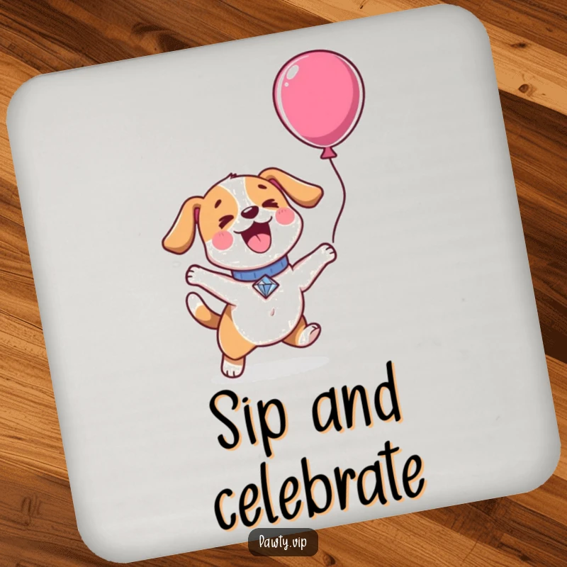 Funny Kawaii dog character with a diamond collar, jumping excitedly for a balloon, on a protective and decorative drink coaster.