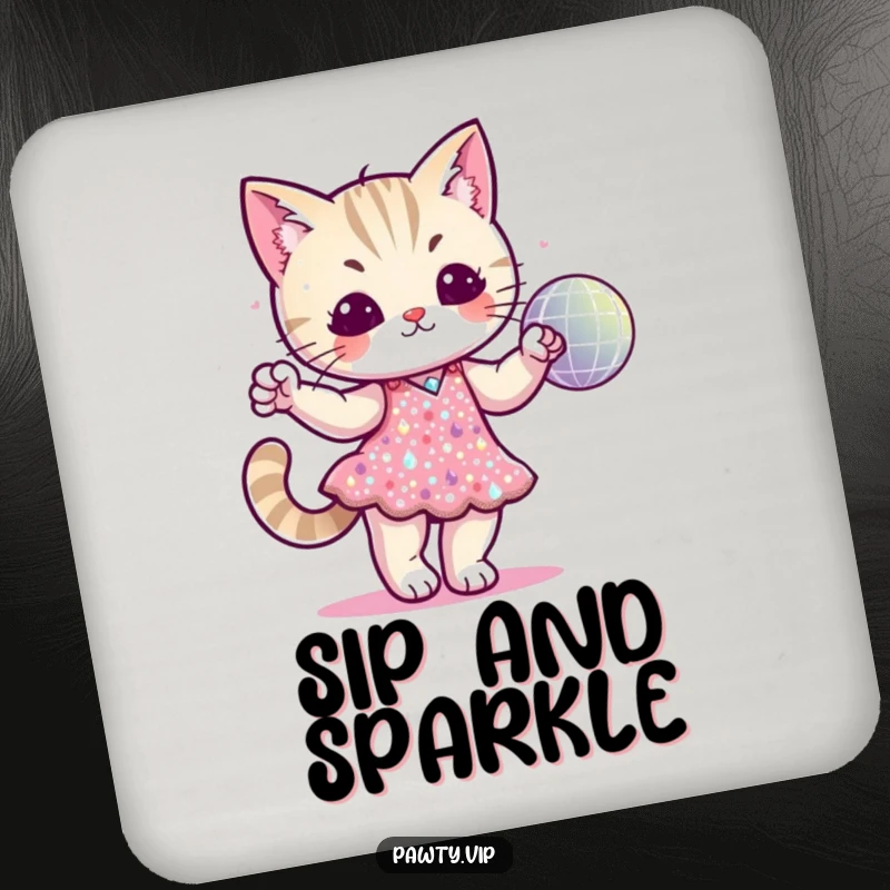 Funny cat character in a sequined dress dancing with a disco ball on a drink coaster, adding glamour to tabletops.
