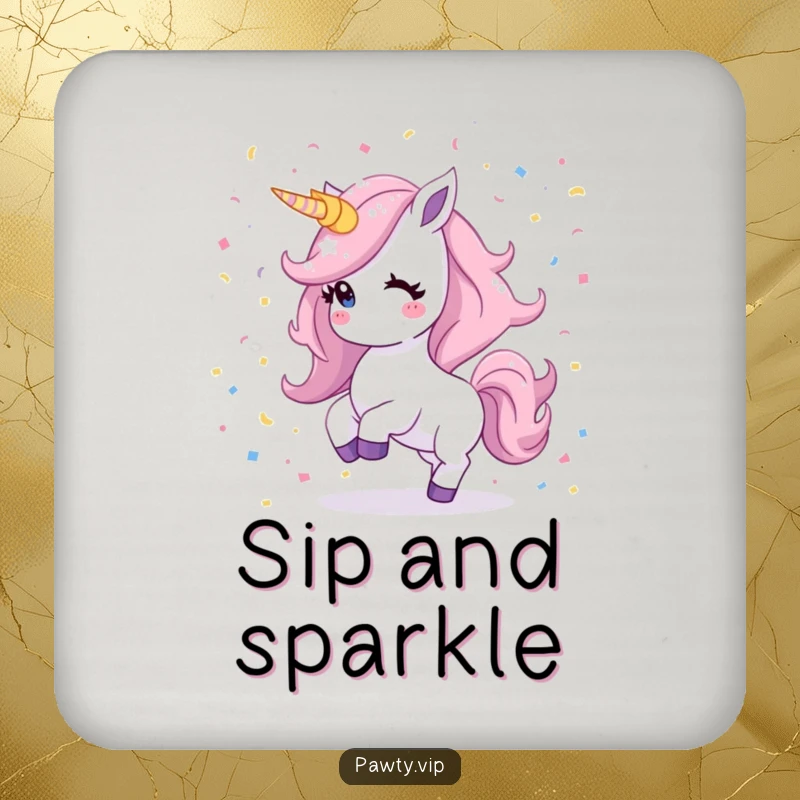Funny Kawaii unicorn coaster showcasing a shimmering mane dancing vibrantly amidst a confetti explosion, adding a magical touch to any surface.