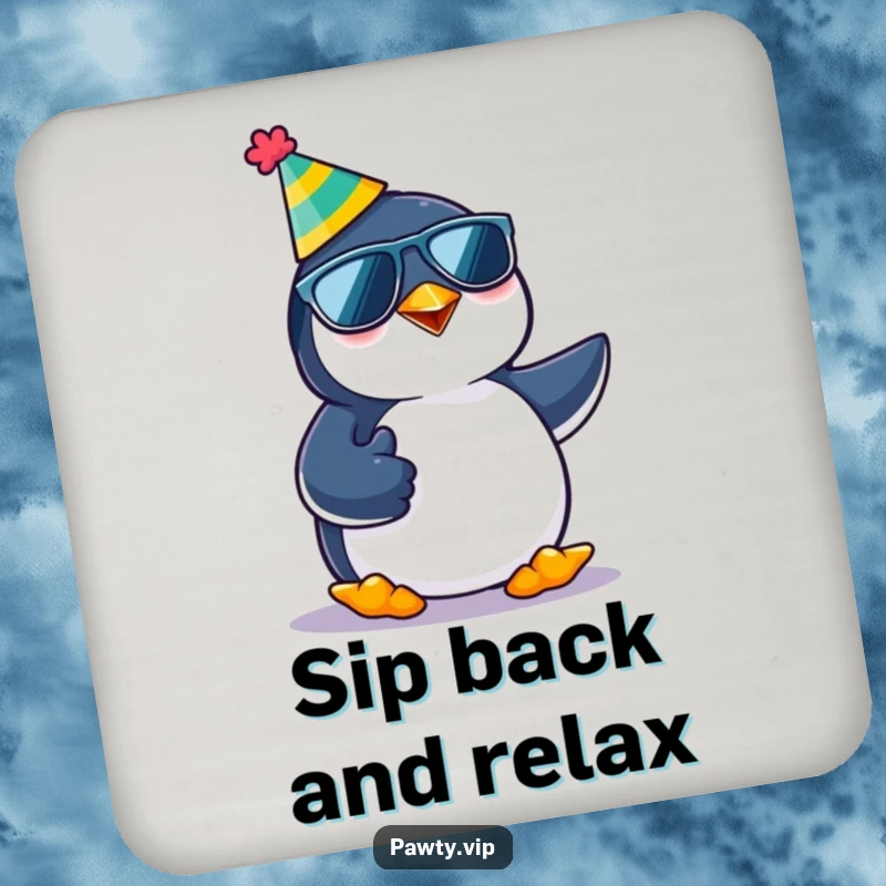 Funny kawaii penguin character giving a thumbs up while wearing a party hat and sunglasses, presented on coasters for humorous style.