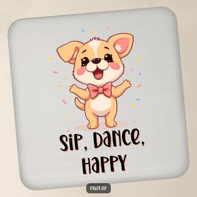 Funny Dog Coasters showcasing a dog in a bowtie dancing with confetti, adding celebratory fun to any surface.