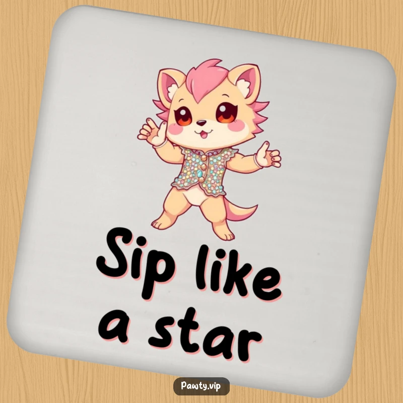 Funny Coaster showcasing a creature in a dazzling sequined outfit, striking a dramatic pose. Protects surfaces with humorous style.