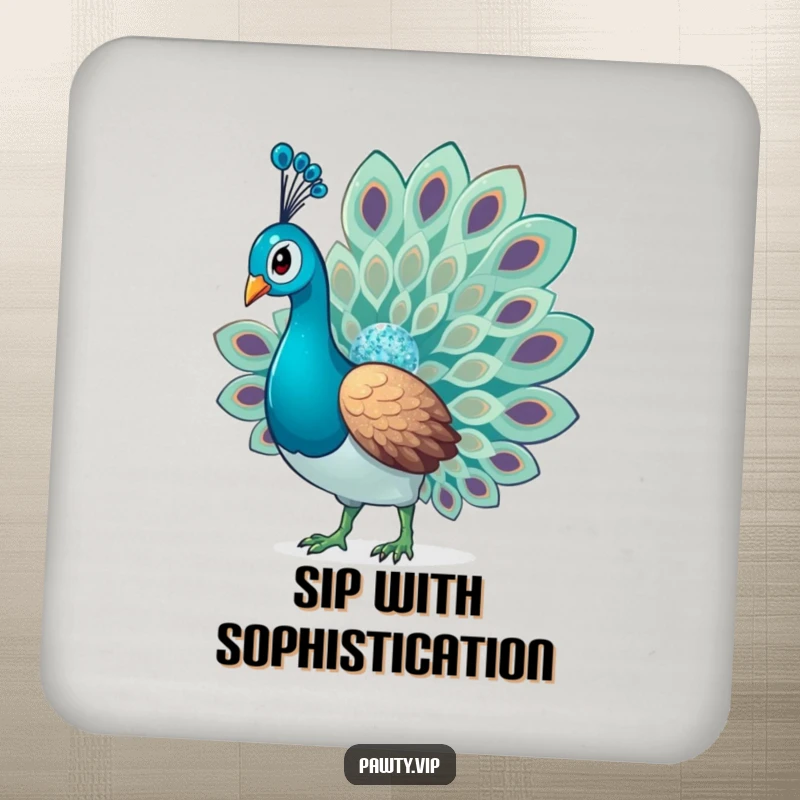 Funny Glitter Peacock Coasters featuring a glamorous bird with sparkling glitter accents, offering stylish protection for drinks.