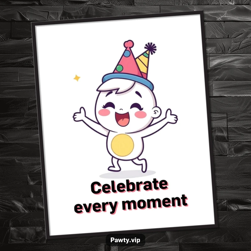 Happy cartoon character in a party hat, dancing energetically on a vibrant and fun poster.