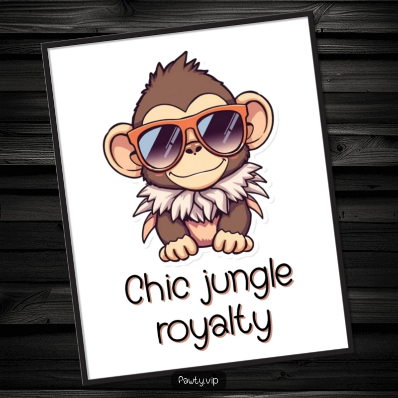 Funny monkey poster, a cool monkey in large sunglasses and a feather boa, stylish wall art.