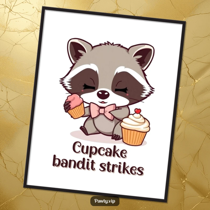 Funny poster depicting a mischievous raccoon wearing a tiny bow tie, caught in the act of reaching for a cupcake, adding whimsical humor.
