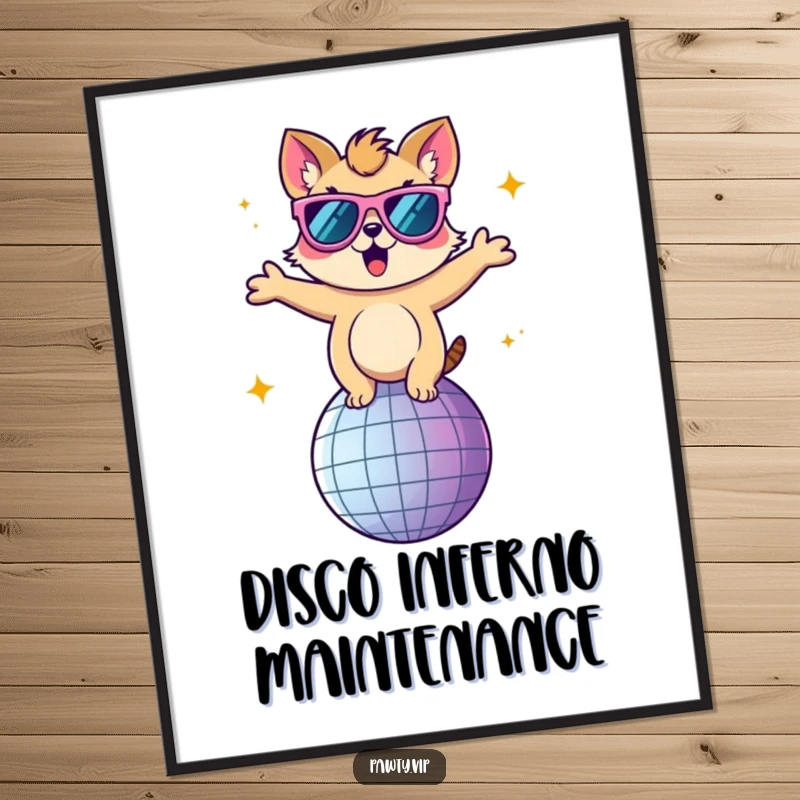 Funny poster art of an animal character with giant sunglasses, dancing energetically on a sparkling disco ball.