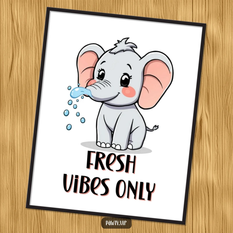 Funny Elephant Poster: A happy elephant sprays sparkling water from its trunk, creating a humorous and refreshing visual for your space.