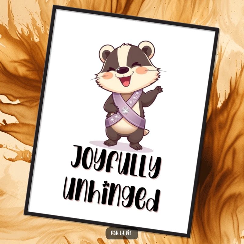 Funny Poster: A giggling badger wearing a sparkly sash performs a silly dance, radiating joy and perfect for adding humor to walls.