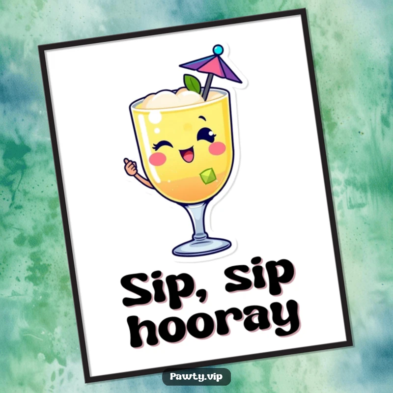 Funny happy cocktail drink character poster winking with a tiny umbrella, perfect for festive wall art.