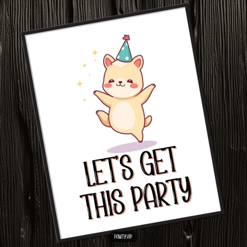Funny animal dancing with sparkles flying and wearing a party hat, a dynamic and funny art print.