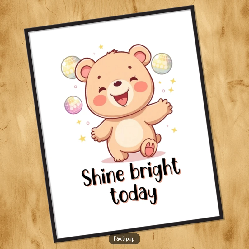 Funny kawaii bear character expertly juggling glittering disco balls, presented as a poster for humorous and dazzling wall decoration.