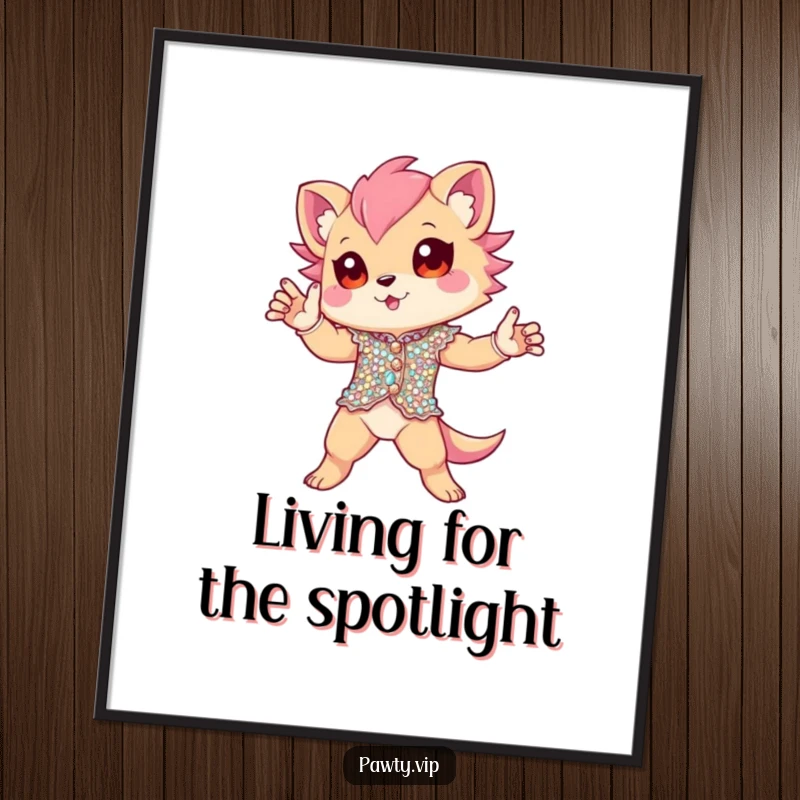 Funny Poster of a creature in a shiny sequined outfit, striking a powerful and dramatic pose. Excellent humorous wall art for any room.