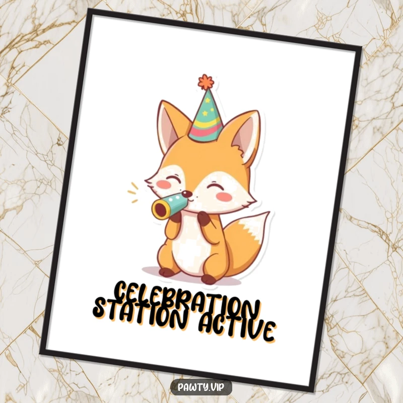 Funny fox wearing a party hat and blowing a noisemaker, creating a festive and humorous visual on a poster.