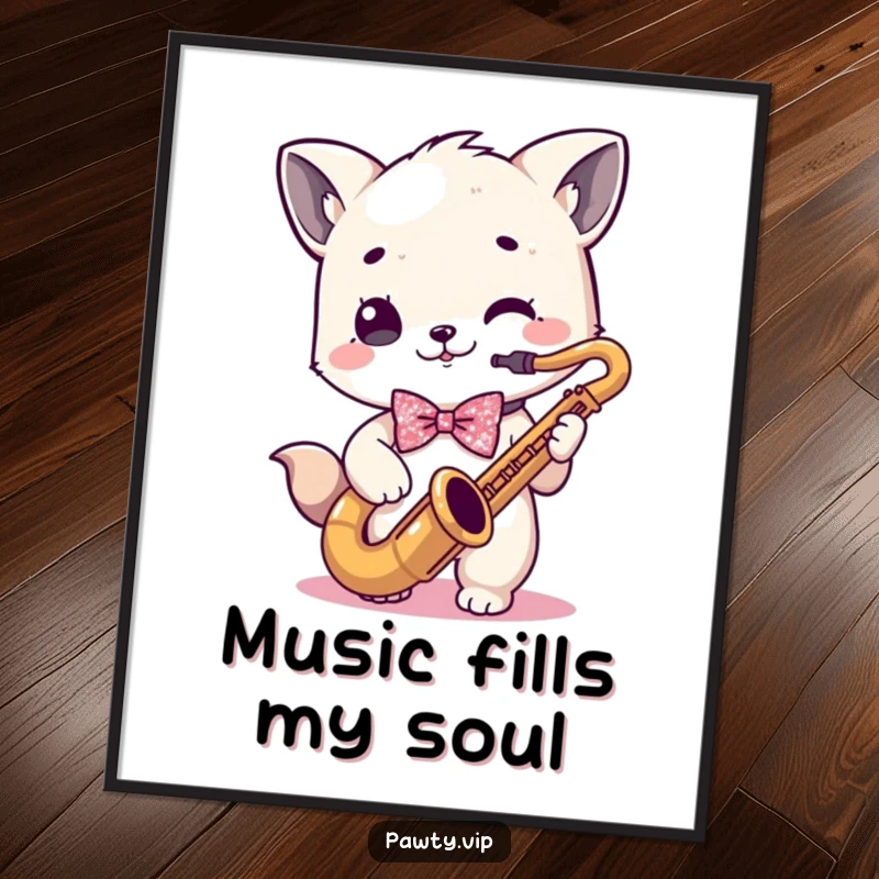 Funny kawaii animal character in a sparkly bowtie, playing a saxophone solo, depicted on a funny poster.