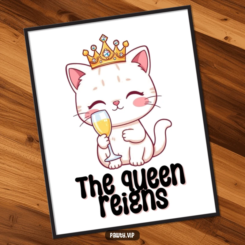 Funny Kawaii cat character wearing a sparkling crown, holding a champagne flute, displayed as a chic wall poster.