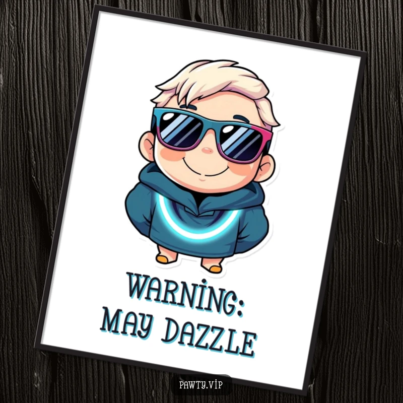 Funny poster of a smiling character in large sunglasses and a bright neon necklace, radiating party energy and style.