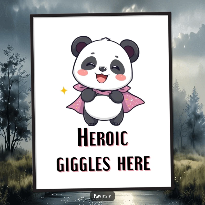 Funny poster art of a giggling panda character wearing a sparkly cape, radiating heroism and happiness.