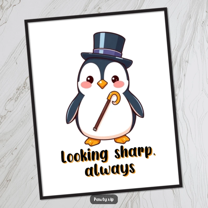 Funny poster artwork of a stylish penguin character holding a tiny top hat and cane, exuding timeless elegance and humor.