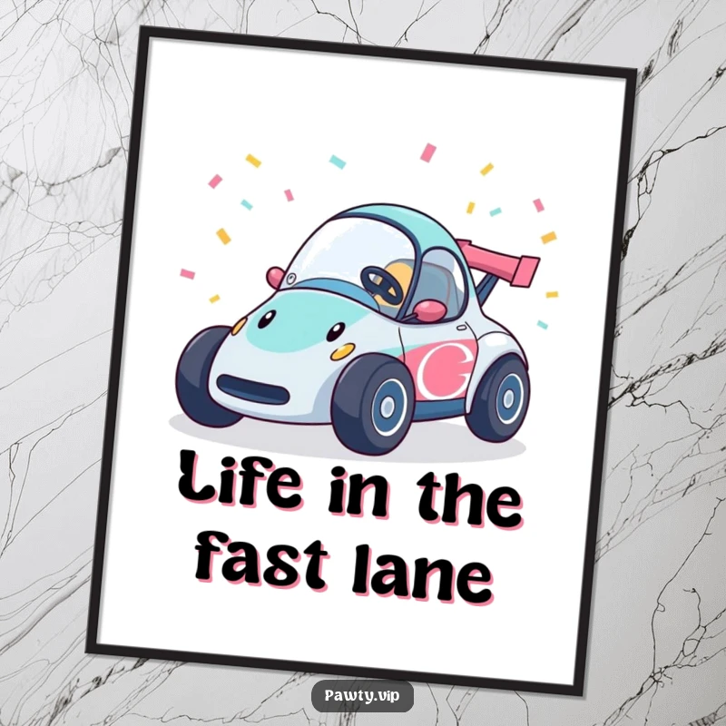 Funny race car poster character, happily speeding with colorful confetti streamers, evoking excitement and playful energy.
