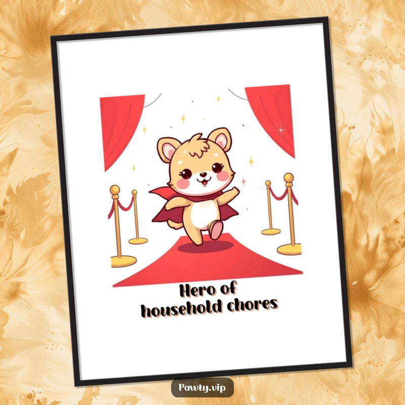 Funny poster art of a cheerful animal character in a sparkly cape, dynamically posing on a luxurious red carpet.