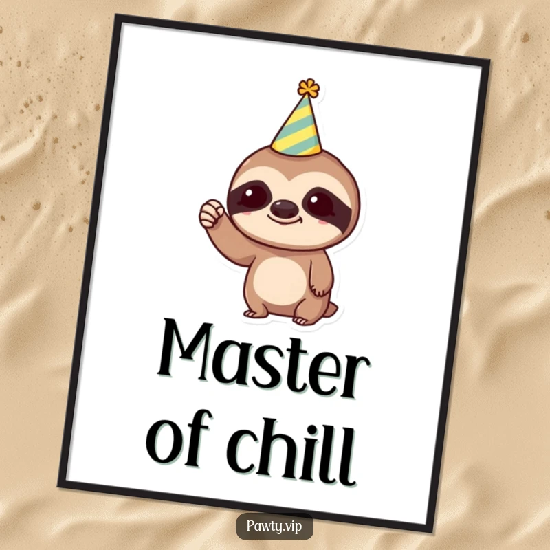Funny Poster: Trendy sloth in a party hat, humorously raising a tiny fist, creating a vibrant and amusing piece of wall art.