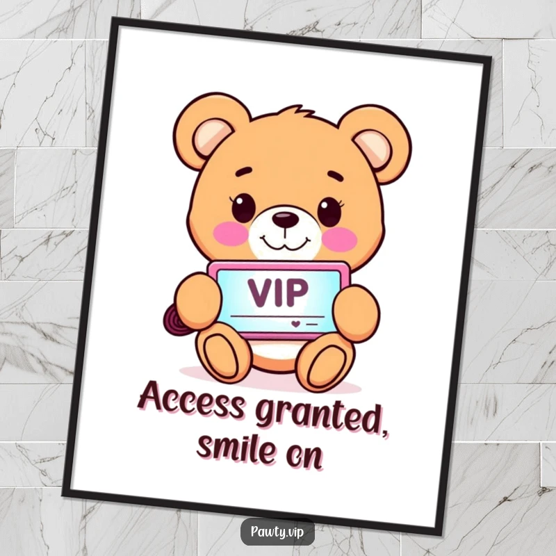 Funny Poster art of a smiling teddy bear character holding a glowing VIP pass, exuding happiness and exclusivity.