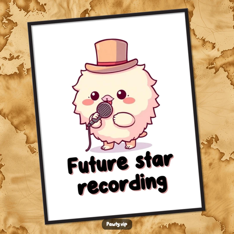 Funny poster art of a fluffy creature wearing a tiny top hat, holding a microphone, ready to sing.