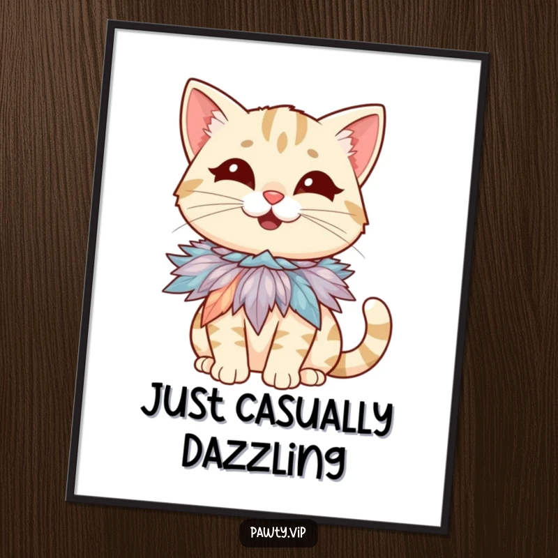 Funny poster artwork of a giggling cat character accessorized with a tiny, flamboyant feather boa necklace, exuding playful charm.