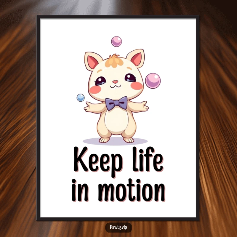 Funny Poster featuring a dapper creature with a tiny bow tie, masterfully juggling shiny spheres. Artistic and humorous wall decor.