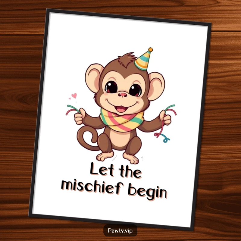 Funny monkey character joyfully wearing a bright party streamer as a scarf on a poster, great funny art gift.