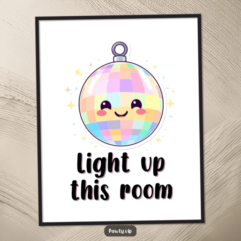 Funny disco ball character with a smiling face, spinning with colorful lights, depicted in a poster, creating a lively and festive atmosphere.