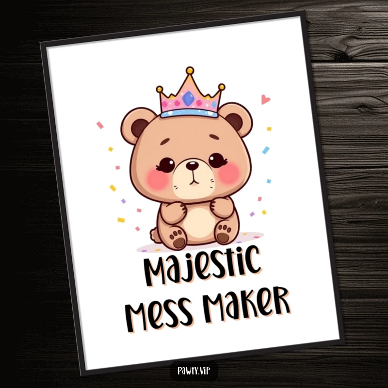 Funny bear queen poster showcasing a regal bear with a sparkly crown blowing confetti, adding humorous decor.