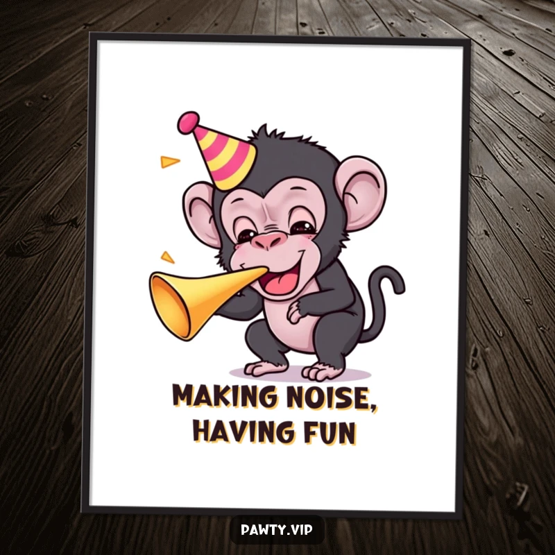 Funny Kawaii chimpanzee character exuberantly blowing a party horn, a celebratory poster for party lovers.