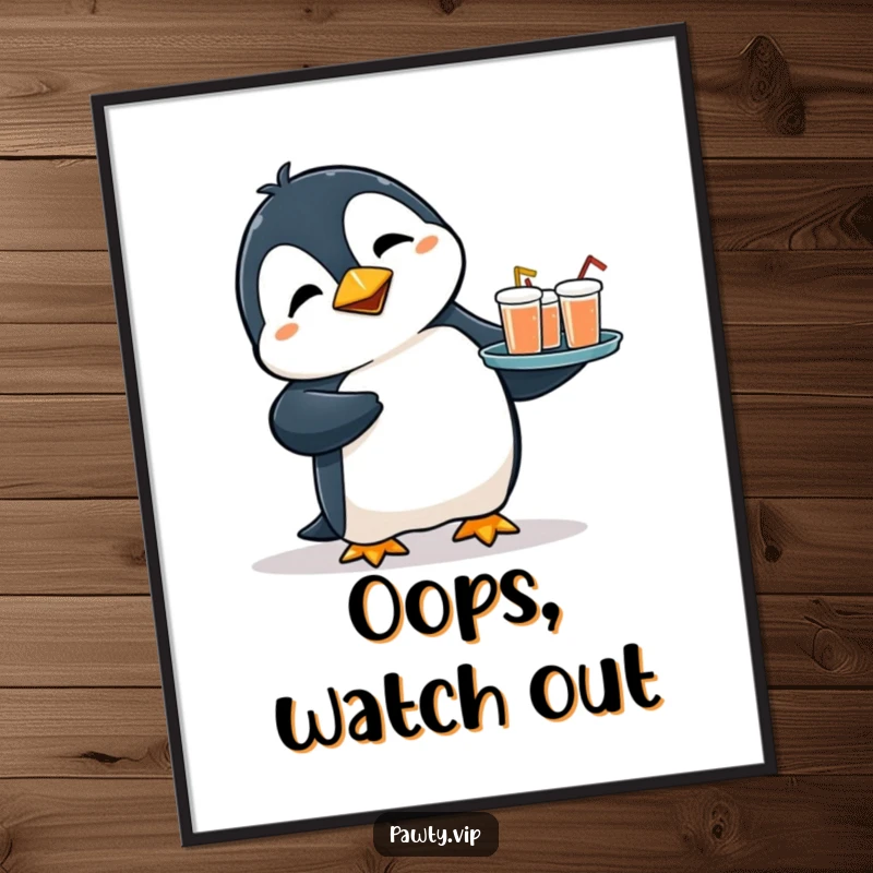 Funny poster depicting a flustered penguin stumbling slightly while holding a tray of tiny drinks, creating a humorous and relatable scene.